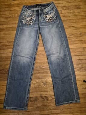 Miss Me Blue Embroidered Wide-Leg Jeans